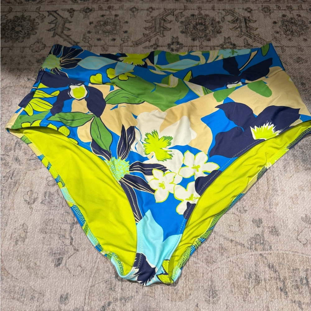 aerie High-Waisted Swim Bottoms in Neon Yellow and Blue Floral
